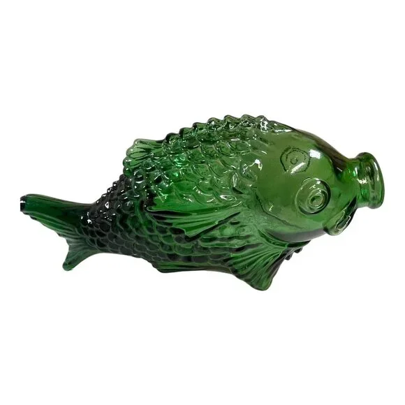 MCM Barware Green Glass Fish Bottle Decanter Bidders Whiskey Bottle Decor Retro